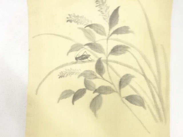  アンティーク　本麻　手描き　花にコオロギ模様名古屋帯